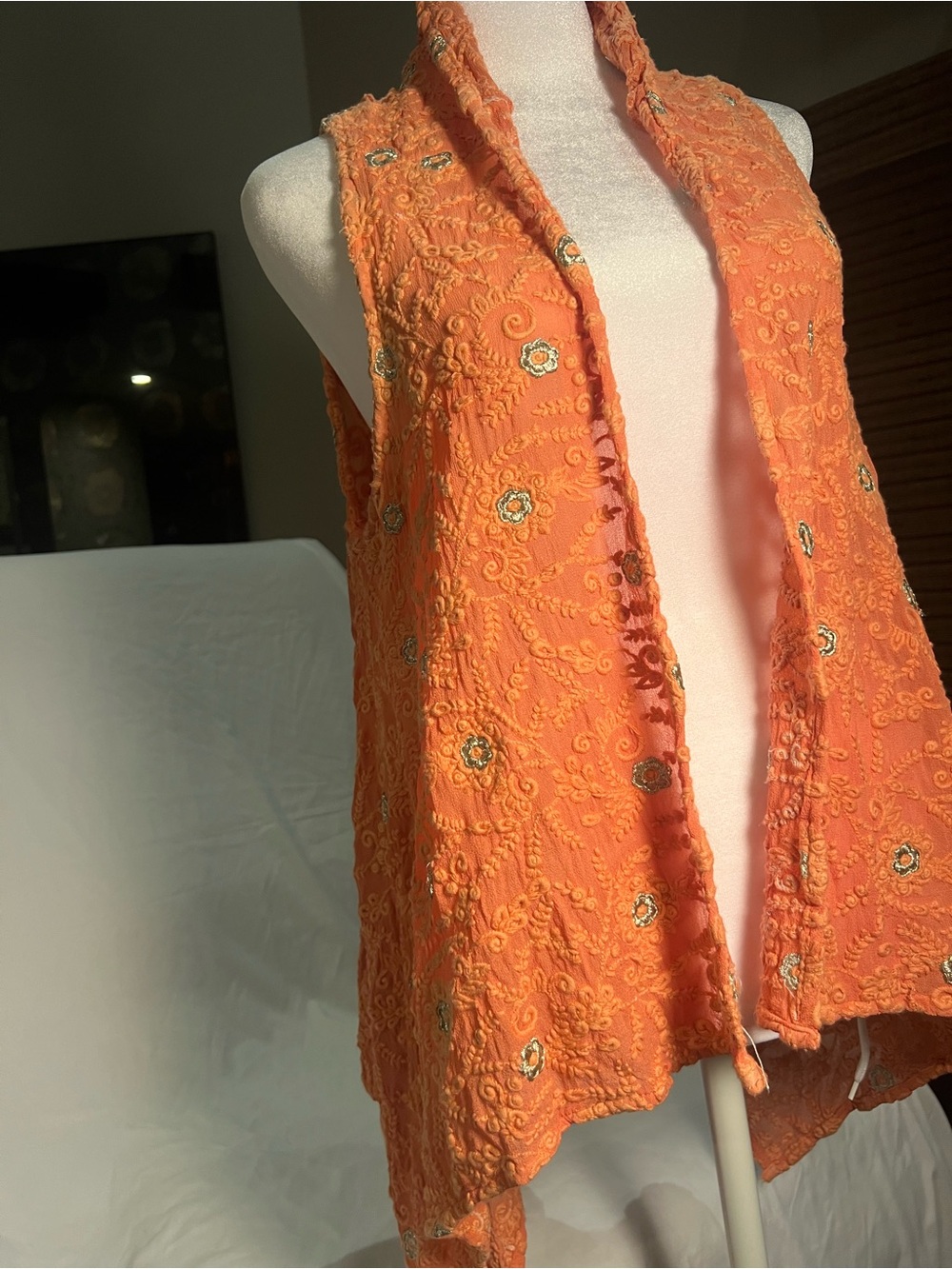 Raj 100% Silk Embroidered Long Vest Coral Boho Indian Metallic One Size